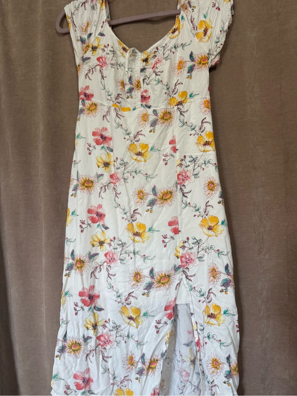 Woman’s White Floral Maxi Dress with Yellow & Pink Blossoms